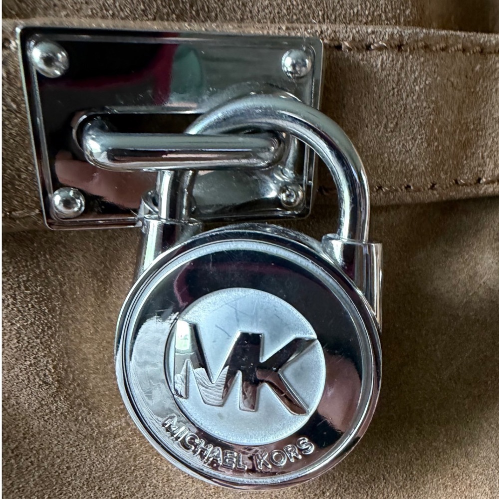 Michael Kors Hamilton Tan Suede Satchel Bag Silver Hardware Lock & Key Large - Picture 2 of 14